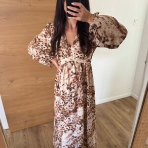 Ambre - Robe longue effet aquarelle Marron clair