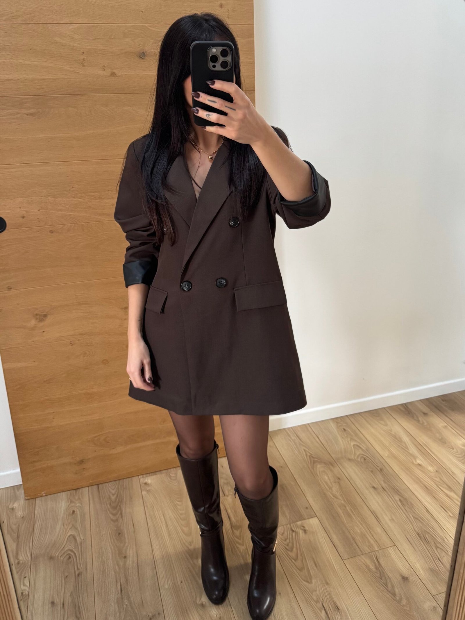 Salomé - Veste blazer oversize détail similicuir aux poignets Chocolat